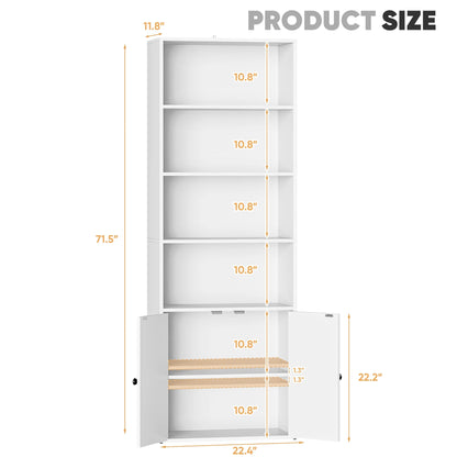 Furmax 1 Piece 4-Shelf Farmhouse Bookcases 4-Tier Bookshelf with Adjustable Shelves&Doors,Storage Cabinet for Home Living room,Kitchen,Office,White