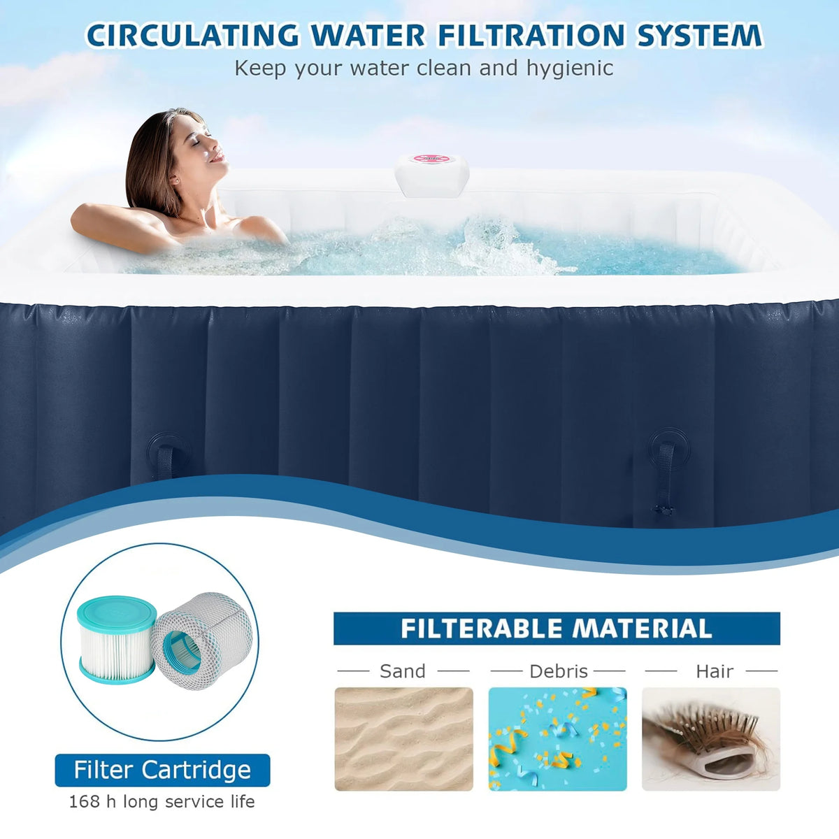 73 inch 4-6 Person Inflatable Hot Tub Spa with Control Panel, Outdoor Portable Hottub with 130 Jets, Insulated Tub Cover and Floor Protector, Temperature up to 104F, Gray