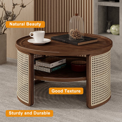 Harper & Bright Designs Rattan Round Coffee Table with Storage Shelf, Round Cane Wood Center Table for Living Room, 37'' Brown