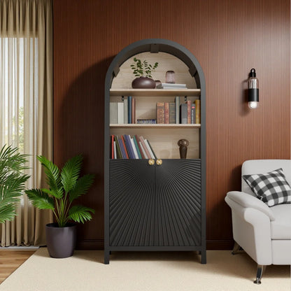 MIDOQIN 5-Tier Black Arched Bookshelf, 61" Tall Arched Bookcase with Storage Shelves and Door
