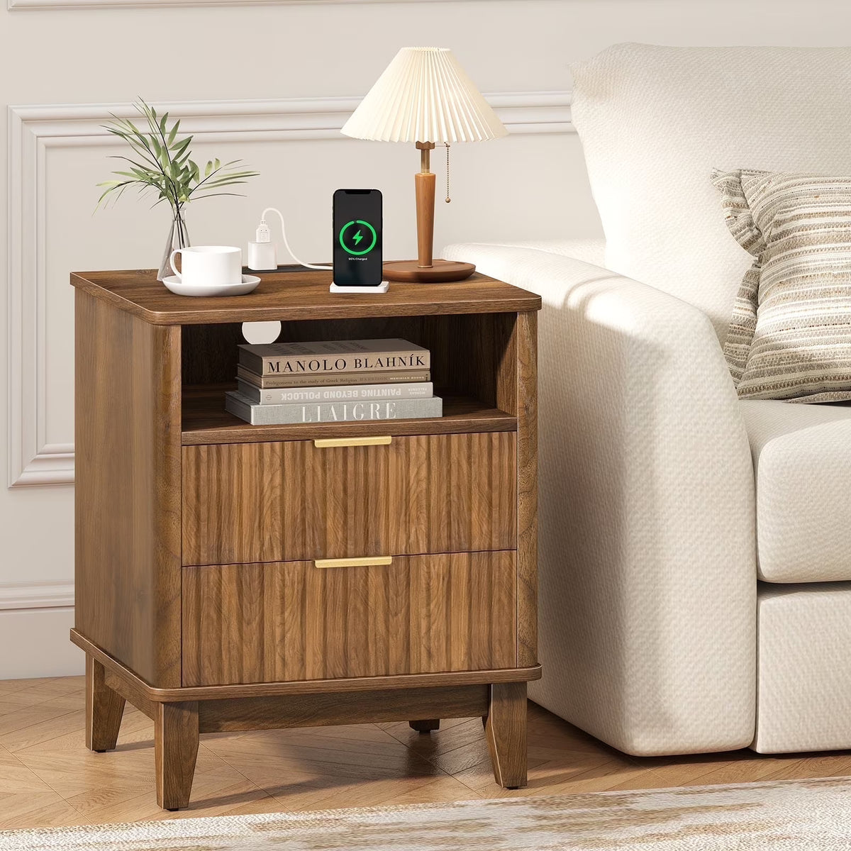 Night Stand with Charger Station, Fluted Nightstand with 2 Drawers and Storage Shelf, Mid Century Modern End Table for Bedroom Living Room,Natural