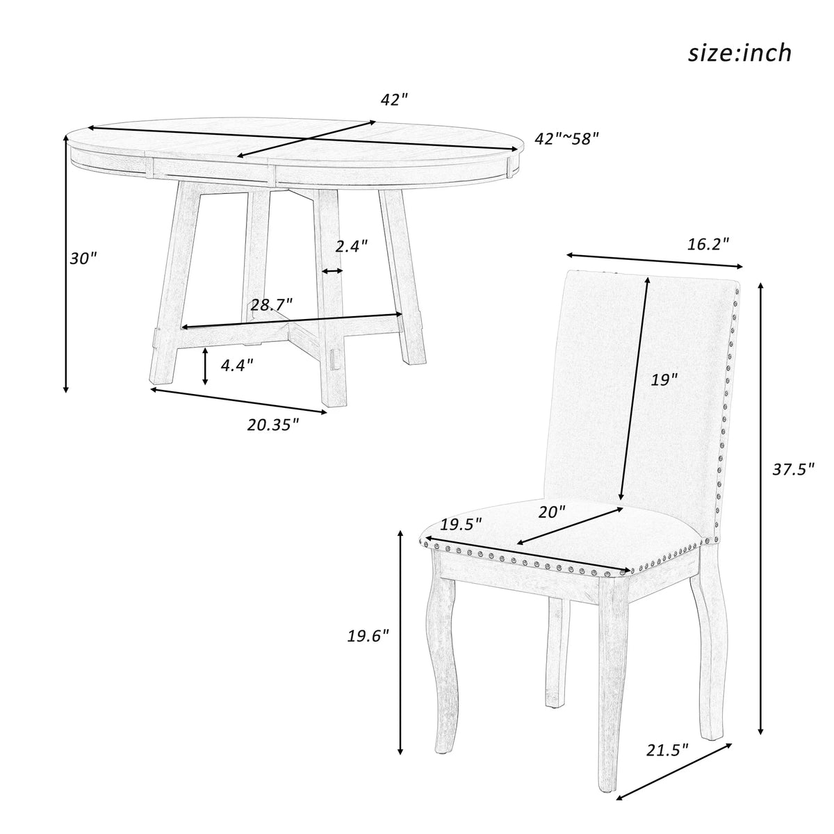 Bellemave 5-Piece Round Dining Table Set, Wood Farmhouse Extendable Dining Table and 4 Upholstered Dining Chairs, Kitchen Dining Table Set for 4 Antique White