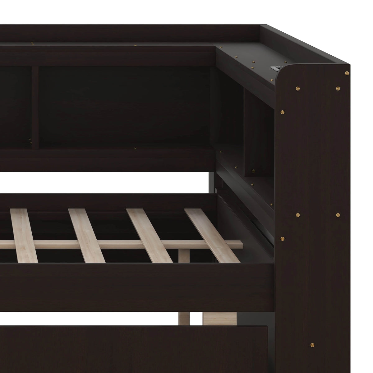 BEBPILOO Twin Size L-Shaped Bookcase Bed with Electrical Outlet, USB Charging Port, Two Drawers, Gray