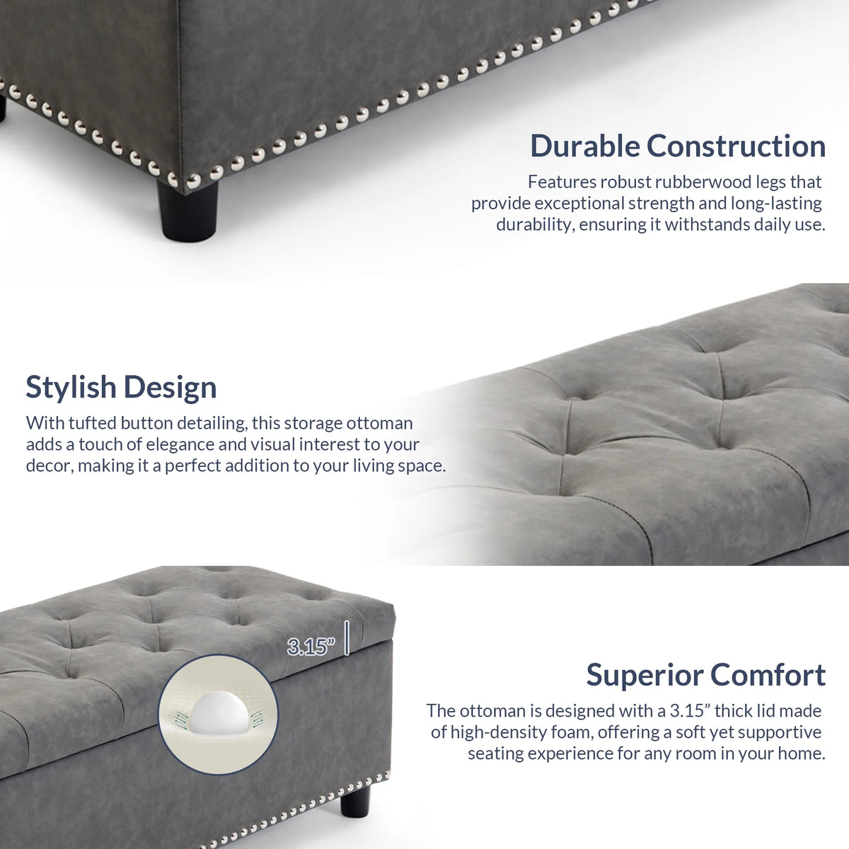 BELLEZE Button-Tufted Faux Leather Storage Ottoman Bench - Brentwood (Dark Brown)