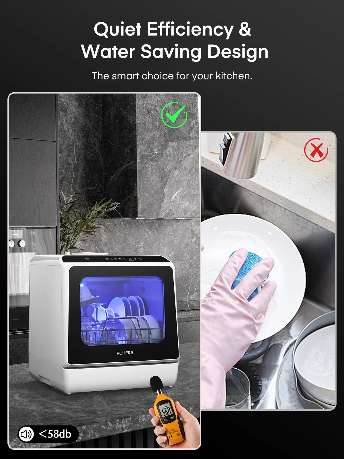 FOHERE Countertop Dishwasher with 6H Delay Cleaning, Portable Dishwasher w/5L Built-in Water Tank, 6 Programs, 360 Dual Spray, High-Temp
