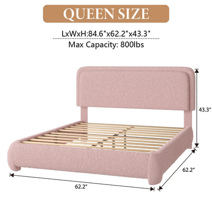 VIPLOV King Size Boucle Bed Frame, Cloud Upholstered Platform Bed with Height Adjustable Headboard & Soft Rounded Corners, No Noise Free, Easy Assembly,Beige