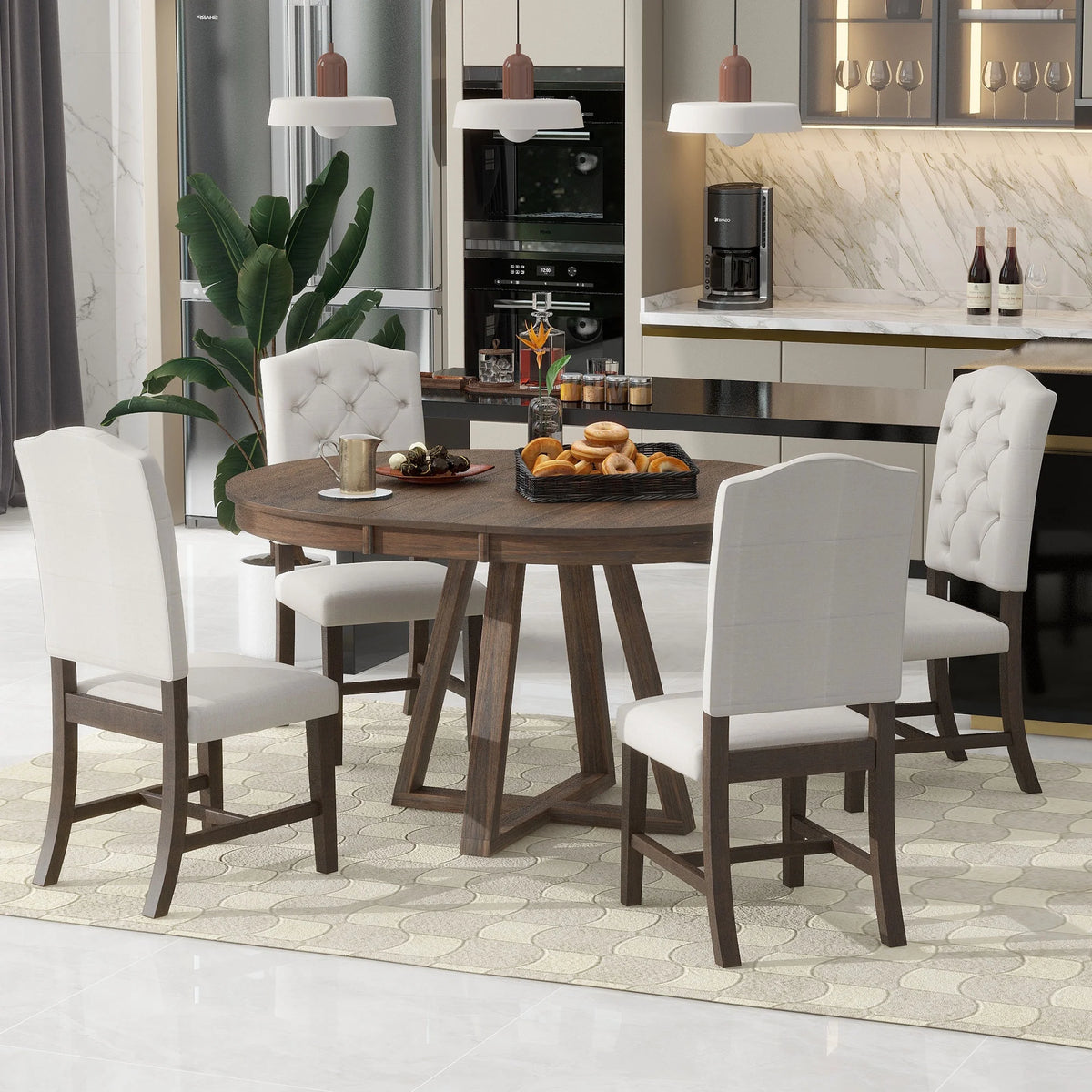 5 Piece Round Dining Table Set, Dining Room Set with Extendable Table and 4 Upholstered Chairs, Wood Dining Table Set for 4, Farmhouse Dining Table Set for Kitchen Dining Room Dorm Apartment, Brown
