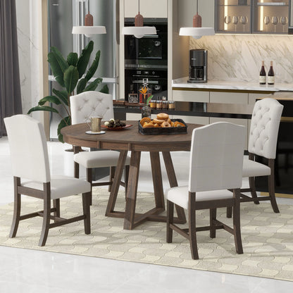 5 Piece Round Dining Table Set, Dining Room Set with Extendable Table and 4 Upholstered Chairs, Wood Dining Table Set for 4, Farmhouse Dining Table Set for Kitchen Dining Room Dorm Apartment, Brown