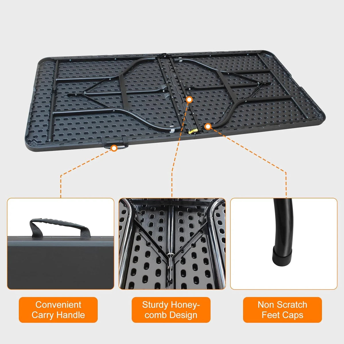 Folding Table with Carry Handle, Portable Fold-in-Half Plastic Table, Rectangle Foldable Table for Indoor
