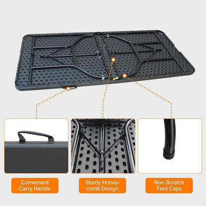 Folding Table with Carry Handle, Portable Fold-in-Half Plastic Table, Rectangle Foldable Table for Indoor