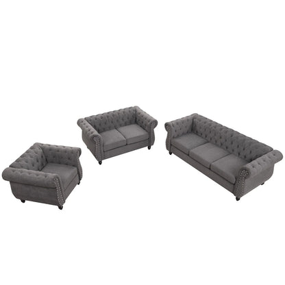 Classic 3 Seater Button Tufted Sofa, Upholstered Couch with Nailhead Rolled Arms Removable Cushions for Living Room Office Bedroom