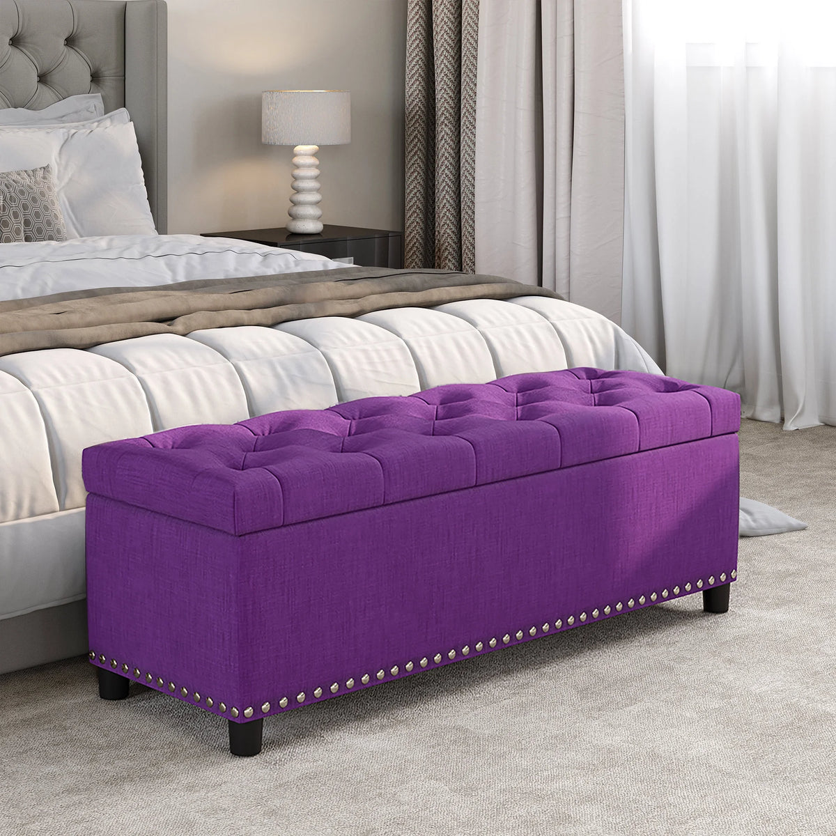 BELLEZE Button-Tufted Faux Leather Storage Ottoman Bench - Brentwood (Dark Brown)