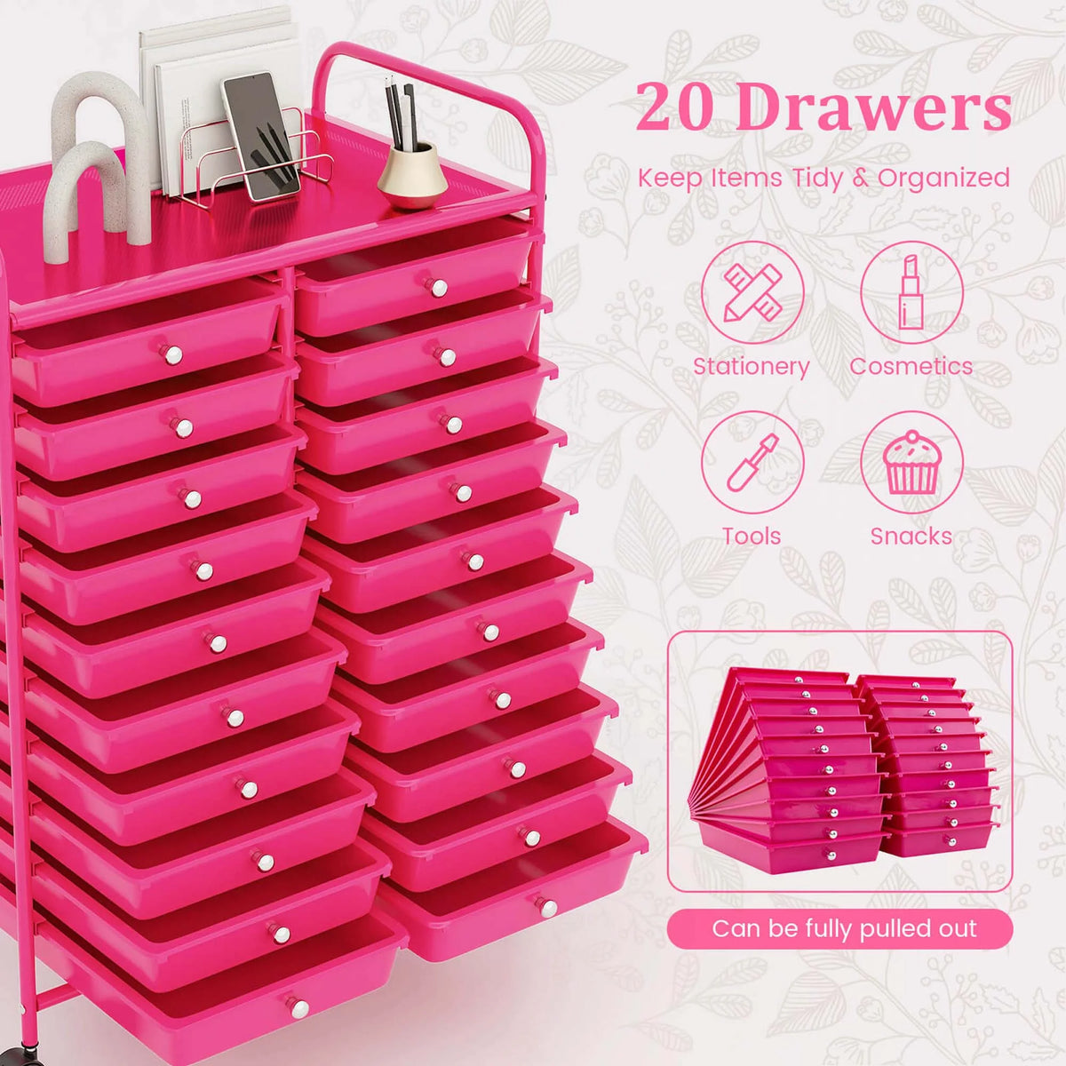 Costway 20 Drawer Rolling Storage Cart Tools Scrapbook Paper Office School Organizer Yellow