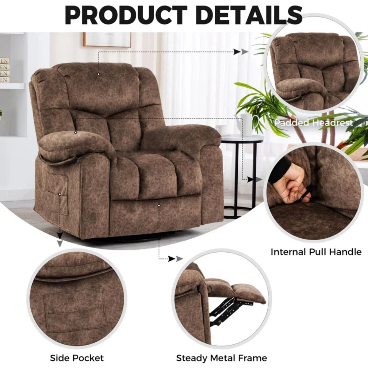 Colerline 35.43" Wide Modern Velvet Upholstered Heating & Massage Swivel Reclining Rocker Chair with Hidden Cupholders for Living Room and Bedroom, Brown