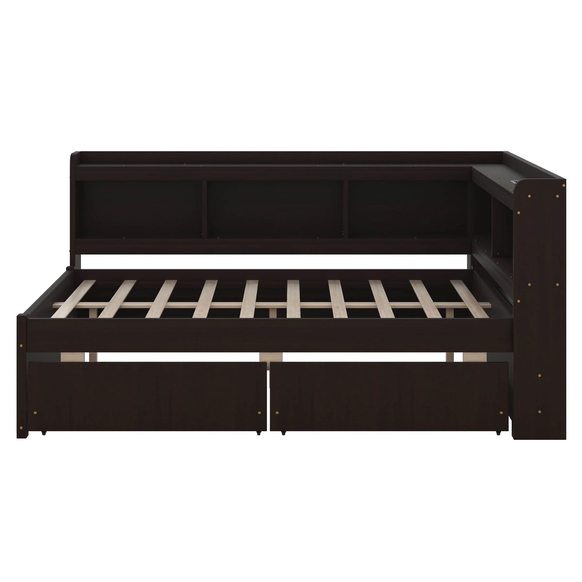 BEBPILOO Twin Size L-Shaped Bookcase Bed with Electrical Outlet, USB Charging Port, Two Drawers, Gray