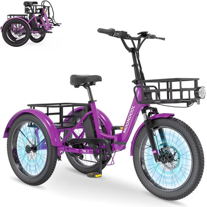MOONCOOL TK1 Folding Electric Tricycle for Adults,48V 14.5Ah Removable battery, 500W（Peak 1000w）Motor, 20" Fat Tire Step-Thru 3Wheel Electric Bicycle w/Front&Rear Baskets, Certified to UL 2849 by SGS