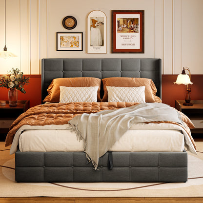Lofka Lift Up Storage Bed Full Size, Modern Wingback Headboard, No Box Spring Needed, Hydraulic Storage, Dark Grey