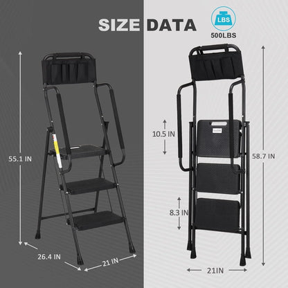 HBTower 4 Step Ladder with Handrails and Tool Bag, Folding Step Stool with Attachable  Anti-Slip Wide Pedal, Black