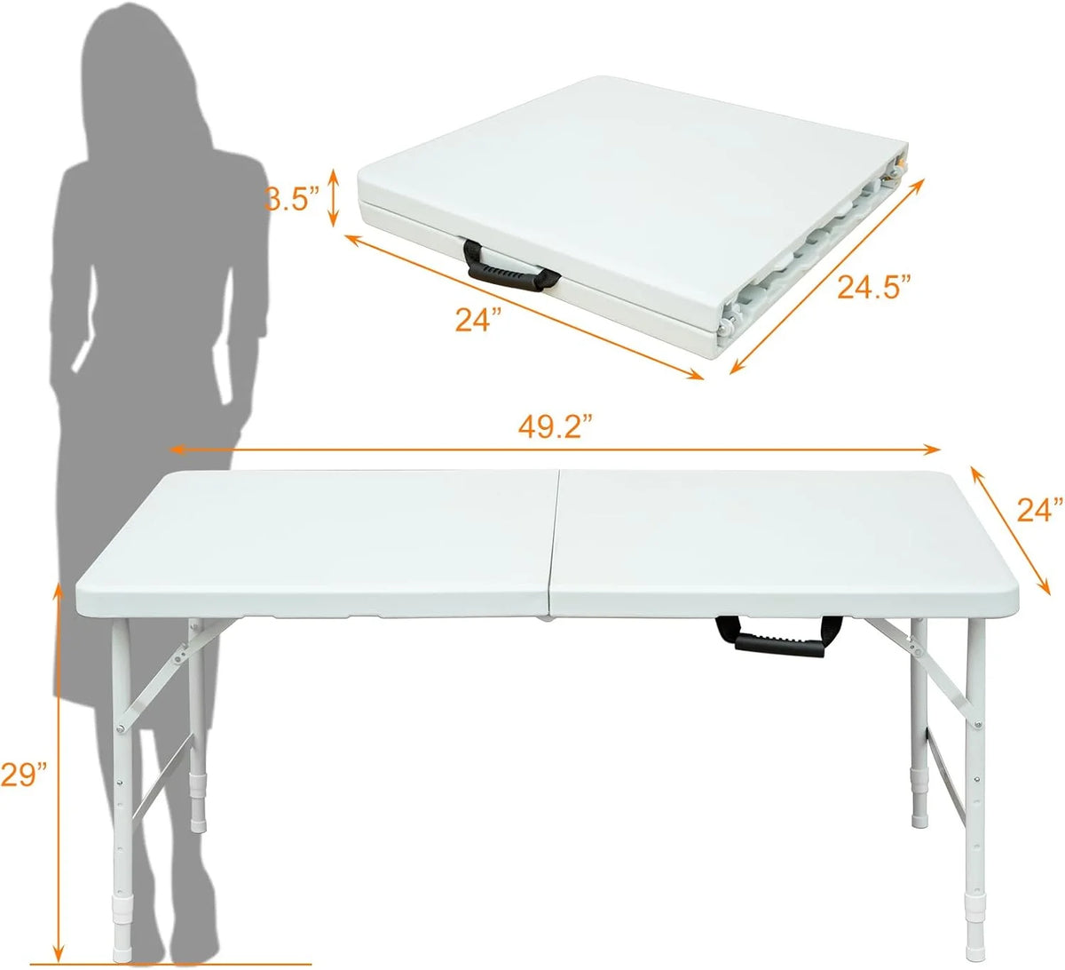 Folding Table with Carry Handle, Portable Fold-in-Half Plastic Table, Rectangle Foldable Table for Indoor