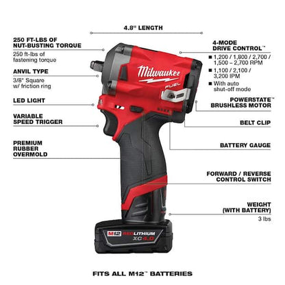M12 FUEL 12V Lithium-Ion Brushless Cordless Stubby 3/8 in. Impact Wrench Kit with M12 3/8 in. Ratchet