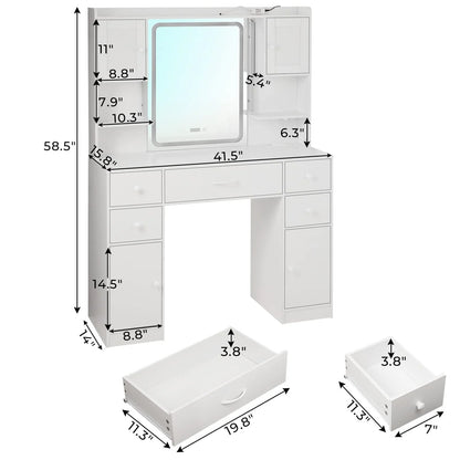 Tiptiper Large Vanity Desk with Lighted Mirror, 5 Drawers Makeup Vanity with Charging Station and Smart Mirror, Time Temperature Display, White