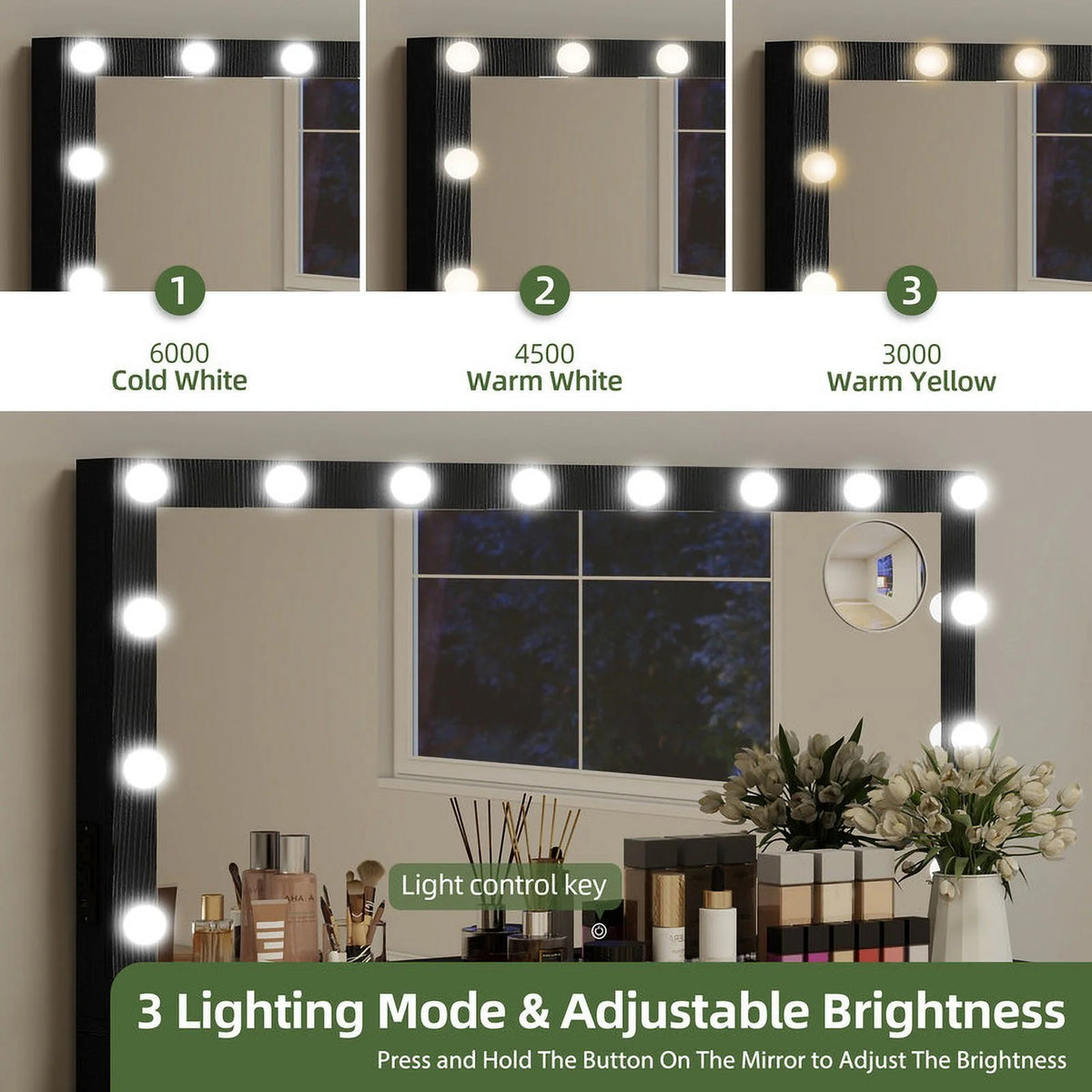 Uforic 55" Vanity Desk with Lighted Mirror & Power Outlet & 8 Drawers, Modern Makeup Vanity Table Set with Storage Stool, White