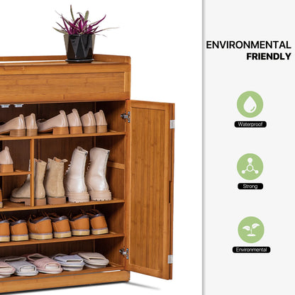 Magshion Bamboo 6 Tier 30 Pairs Shoe Organizer Cabinet with Folding Door Compartment Heels Boots, Brown, for Home