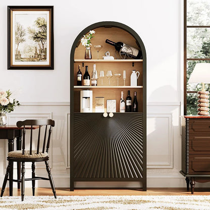 MIDOQIN 5-Tier Black Arched Bookshelf, 61" Tall Arched Bookcase with Storage Shelves and Door