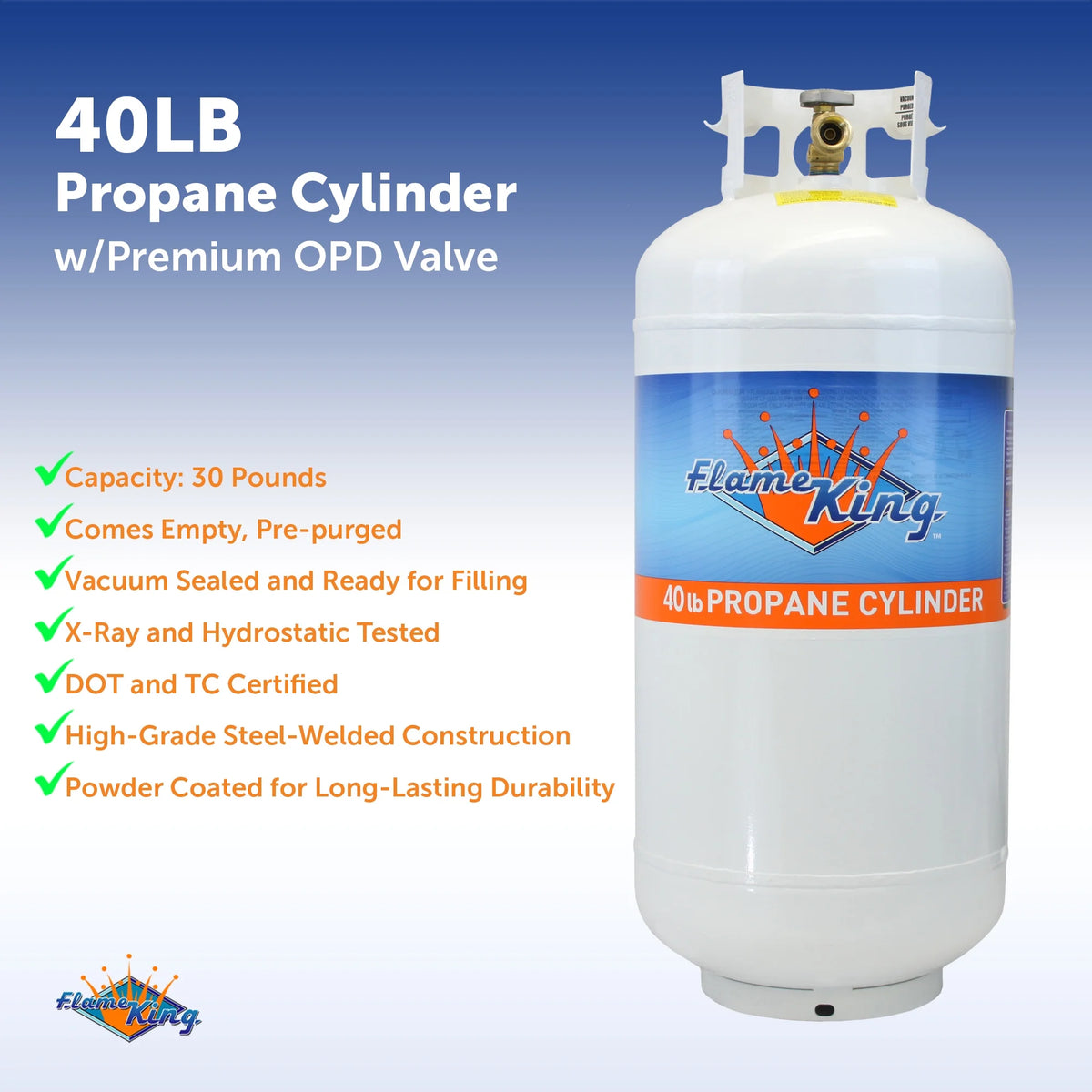 Flame King Empty Steel Propane Tank, LP Cylinder with Type1 OPD Valve, 40 lbs