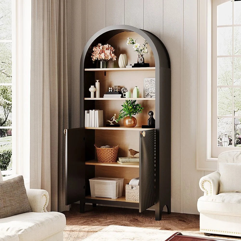 MIDOQIN 5-Tier Black Arched Bookshelf, 61" Tall Arched Bookcase with Storage Shelves and Door