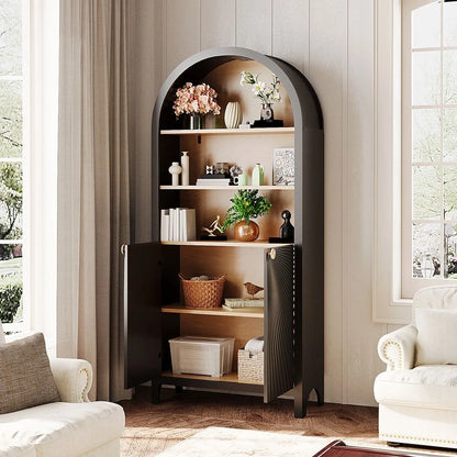 MIDOQIN 5-Tier Black Arched Bookshelf, 61" Tall Arched Bookcase with Storage Shelves and Door