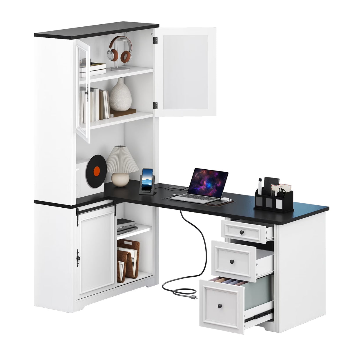 Craftian Executive Desk with Hutch, L Shape Computer Desk, Wood Office Desk with Storage Cabinet, White