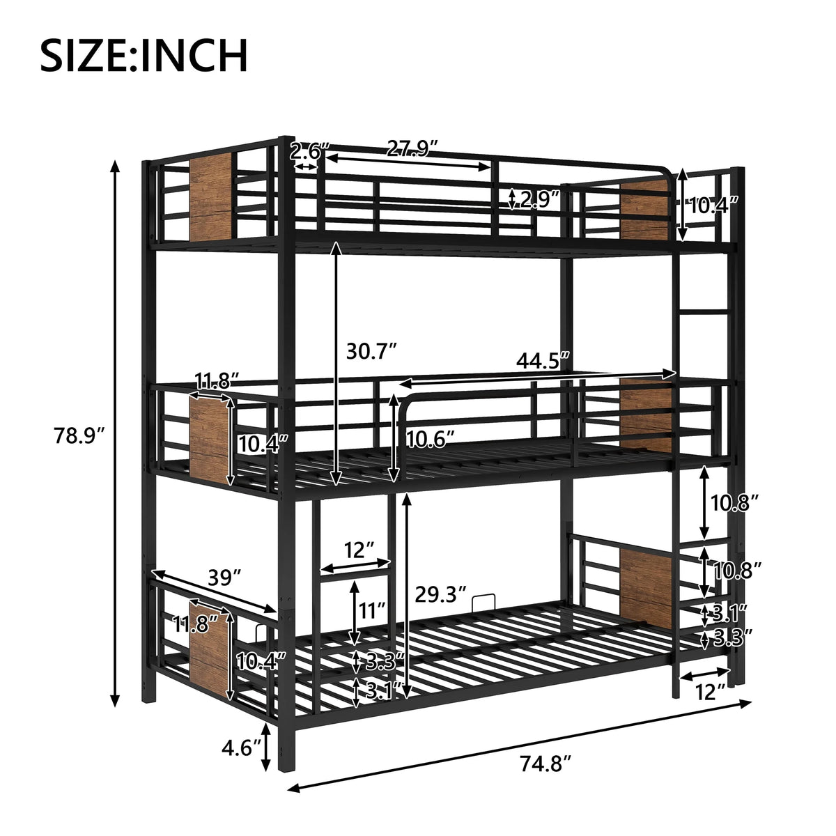 Euroco Metal Twin over Twin over Twin Bunk Bed, Triple Bed for Kids Room, Brown