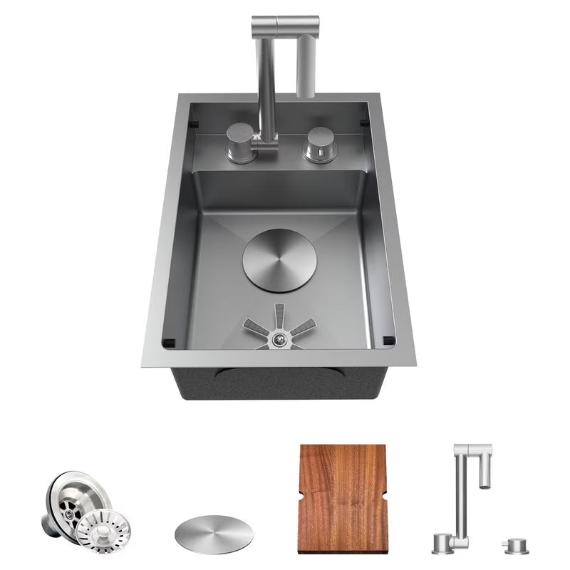 RV Sink, 12 x 17 Inch Undermount Bar Sink Premium Stainless Steel RV Kitchen Sink with Hideaway Faucet and Glass Rinser, Grey