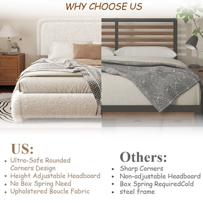 VIPLOV King Size Boucle Bed Frame, Cloud Upholstered Platform Bed with Height Adjustable Headboard & Soft Rounded Corners, No Noise Free, Easy Assembly,Beige