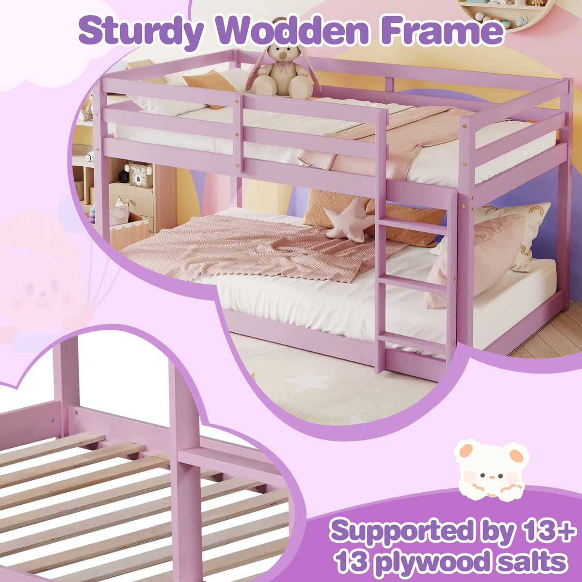 SESSLIFE Bunk Bed Twin Over Twin, Low Floor Bunk Bed with Guard Rails for Dorm, Small Space, No Box Spring Needed(White)