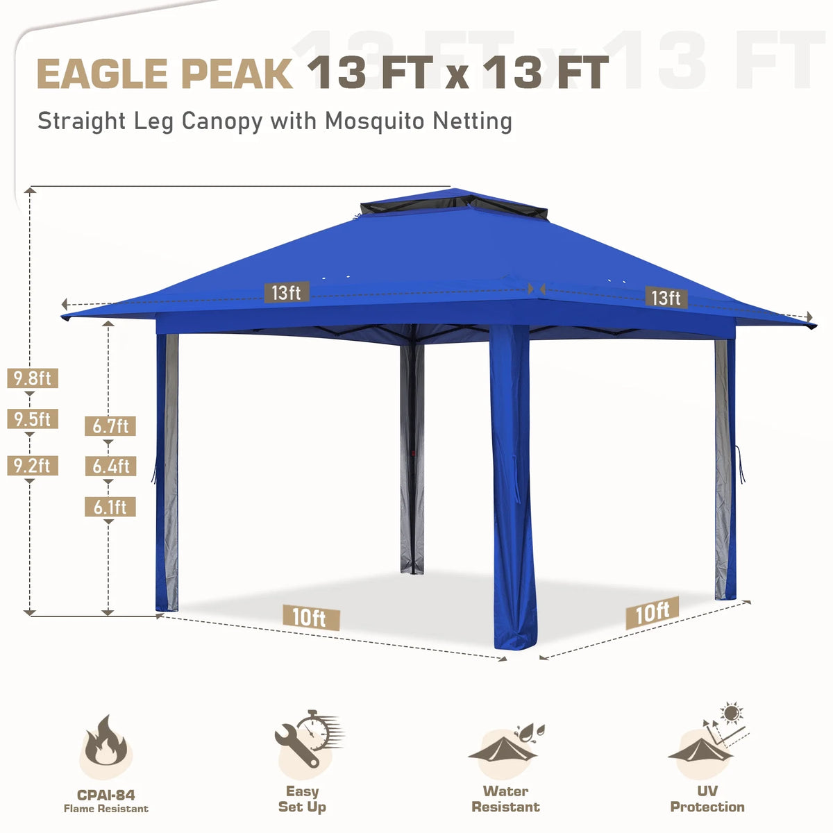 EAGLE PEAK 13' x 13' Pop-Up Gazebo Tent Instant w/Mosquito Netting，Outdoor Gazebo Canopy Easy Set-up Folding Shelter (Beige/Brown)