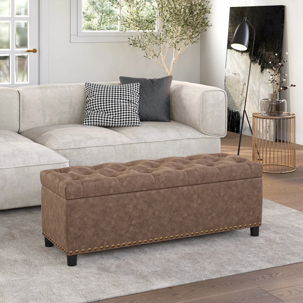 BELLEZE Button-Tufted Faux Leather Storage Ottoman Bench - Brentwood (Dark Brown)