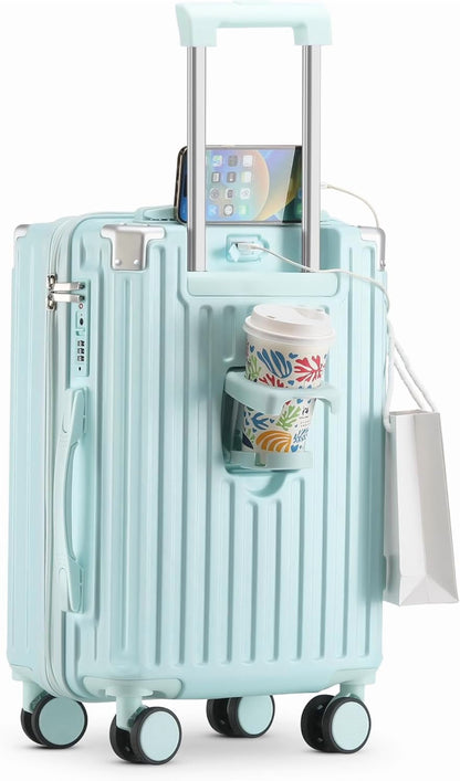 20 Inch Carry On Luggage With Cup Holder & USB Port, Airline Approved TSA-locked Luggage, Lightweight PC Material Travel Suitcase With 360 Spinner Wheel