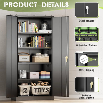 SOLAURA 72 Inches Tall Metal Garage Storage Cabinets, Lockable Storage Cabinet with Doors and Adjustable Shelves for Office, Home, Shops, Garage, Black