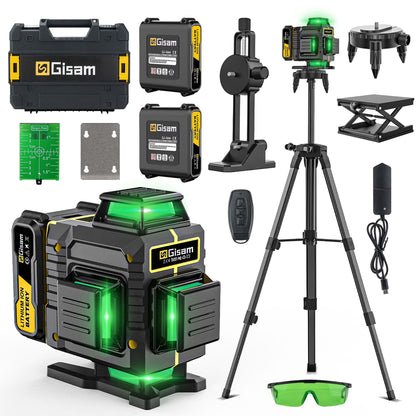 Gisam Laser Level with Tripod , 4x360 Self-Leveling Green Cross Line 4D Laser Tool with Remote Control & 2* 4800mAh Battery
