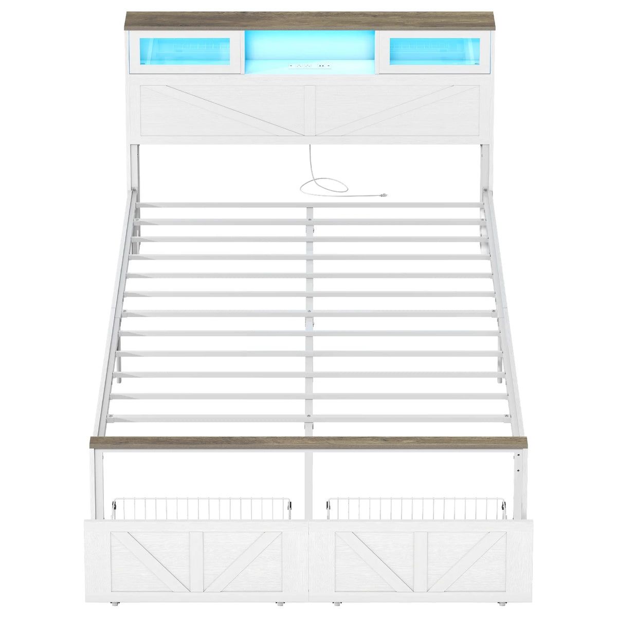 Full Size Bed Frame with Headboard, Full Bed Frame with Charging Station, LED Beds with 2 Storage Drawers,  Wood Farmhouse Bedframe, White