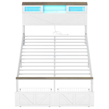 Full Size Bed Frame with Headboard, Full Bed Frame with Charging Station, LED Beds with 2 Storage Drawers,  Wood Farmhouse Bedframe, White