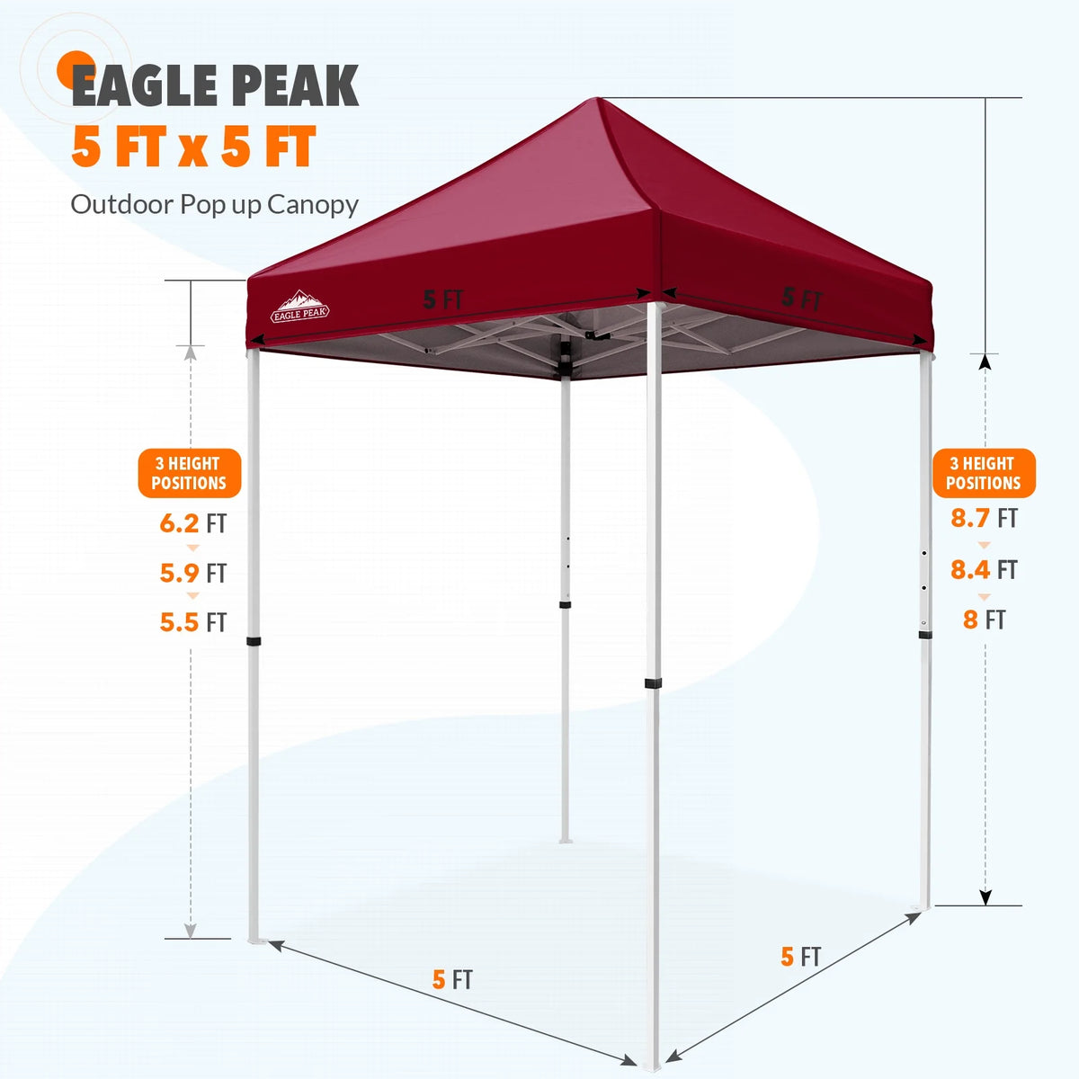 EAGLE PEAK 5x5 Pop Up Canopy Tent Instant Outdoor Canopy Easy Set-up Straight Leg Folding Shelter（Blue）
