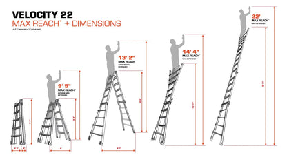 Little Giant Ladders Velocity 22-ft Multi-Position Ladder, Aluminum, 300 lb Capacity, Telescoping, A-Frame, Extension, with Wheels and Slip-Resistant Feet