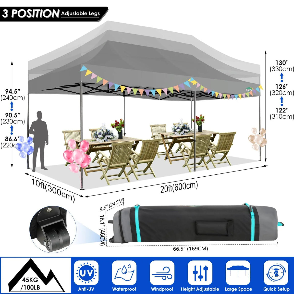 COBIZI 10x15ft Pop up Canopy, Heavy Duty Party Canopy Waterproof Commercial for Outdoor,Black
