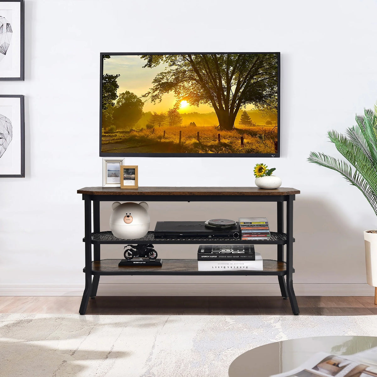 Costway 3-tier TV Stand Console Table Media Entertainment Center w/Mesh Storage Shelf