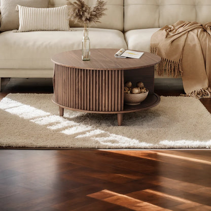 JOINICE Round Coffee Table with Storage and Sliding Door,Mid Century Modern Wooden Center Table,for Living Room,Walnut