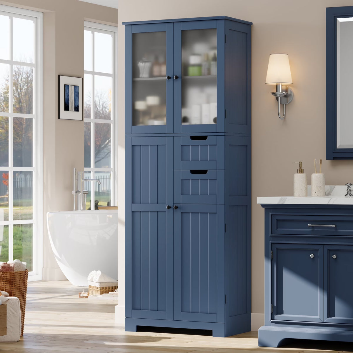 Homfa 67" Tall Bathroom Cabinet, White Linen Cabinet with Doors and Removable Drawers, Kitchen Cupboard