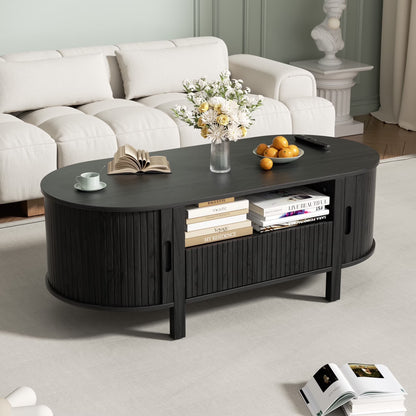 MARNUR Coffee Table with Storage, Tambour Sliding Door, Open Shelf, Mid Century Modern Center Table with Drawer for Living Room, Walnut